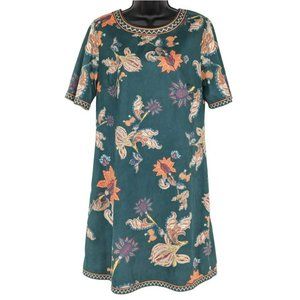 Flying Tomato Dress Shift S Green Colorful Floral Paisley Faux Suede Boho Short